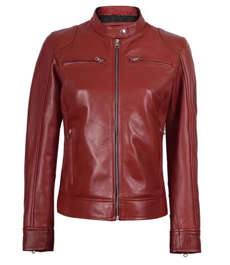 Amy Womens Red Real Leather Biker Jacket