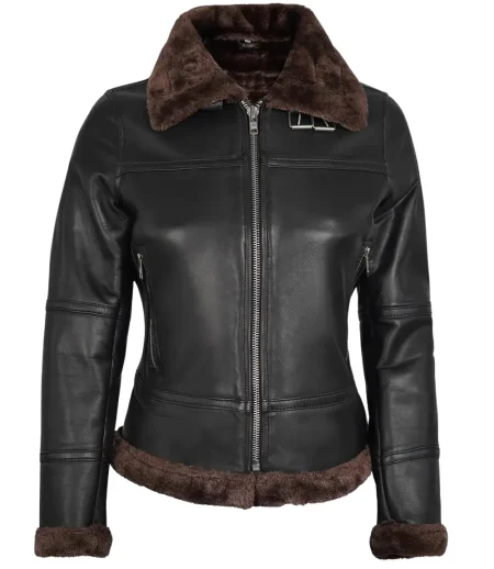 Claudia Women’s Dark Brown Shearling Bomber Leather Jacket