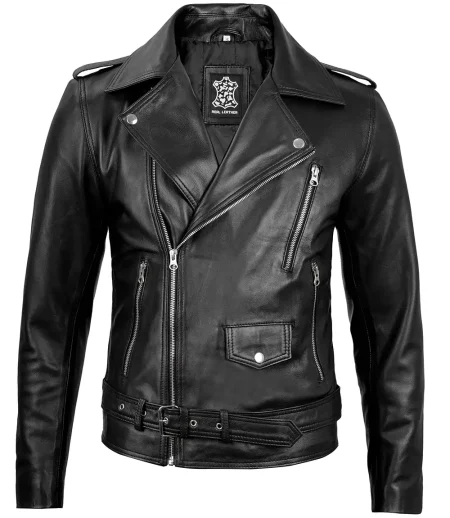 Pistro Men’s Black Biker Style Leather Jacket