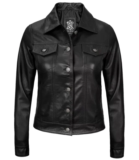 Rosemarry Women’s Black Trucker Leather Jacket