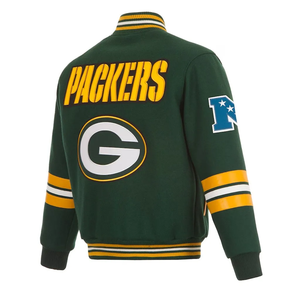 Green Bay Packers Striped Green Varsity Wool Jacket - Image 2