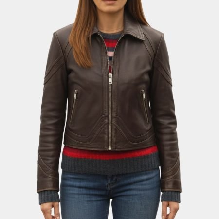 The Family Plan 2 Michelle Monaghan Jessica Morgan Brown Leather Jacket Back View 4