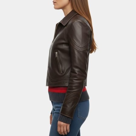 The Family Plan 2 Michelle Monaghan Jessica Morgan Brown Leather Jacket Front View 3