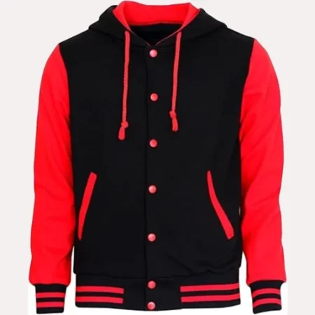 Womens Red and Black Hooded Varsity Jacket