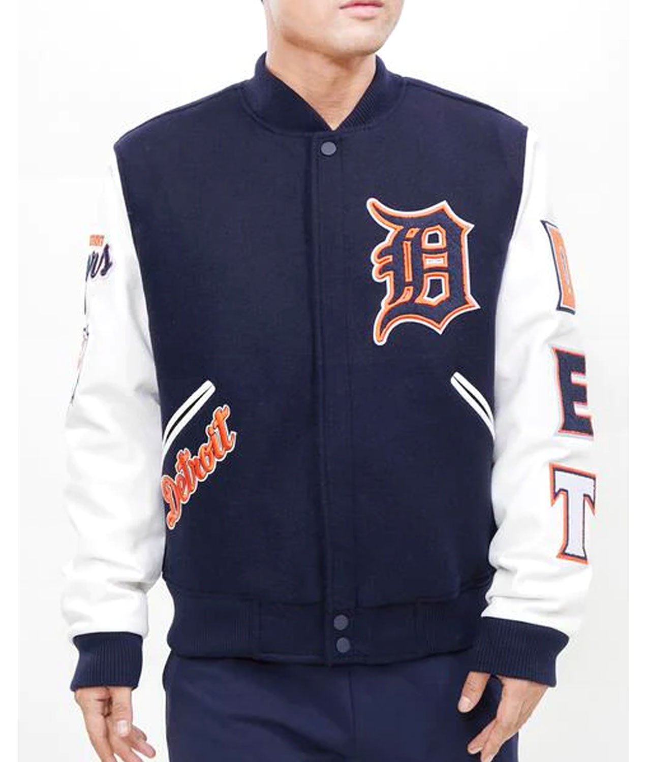 Detroit Tigers White and Navy Blue Letterman Jacket