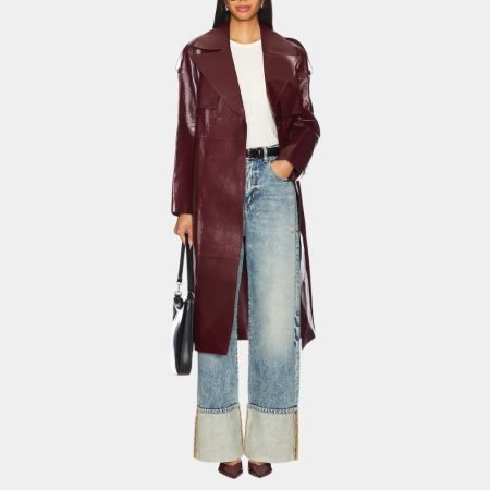 Selena Gomez Burgundy Leather Coat