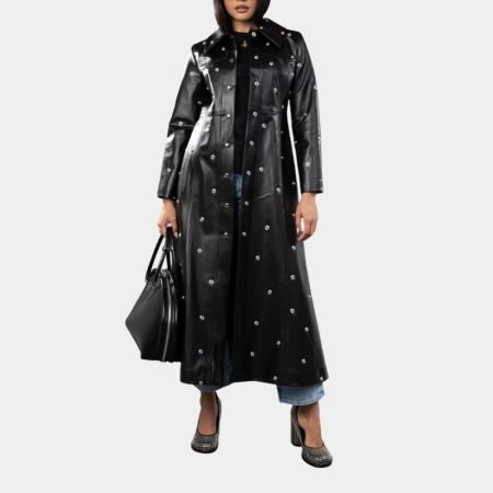 Selena Gomez Leather Trench Coat with Studs
