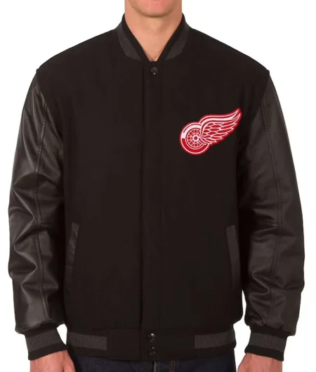 Detroit Red Wings Two Hit Wool & Leather Black Varsity Jacket