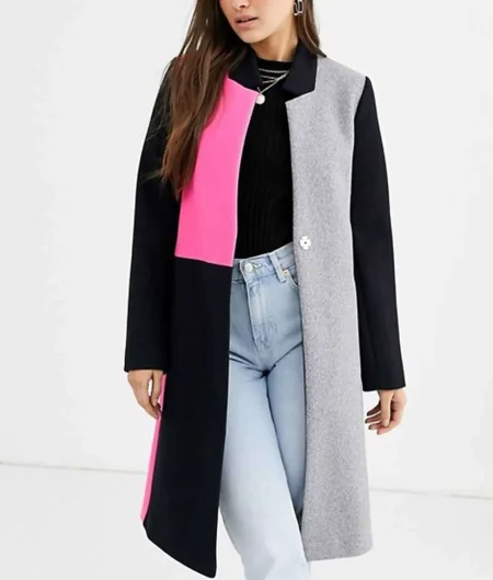 Emily in Paris Lily Collins Color Block Wool Coat