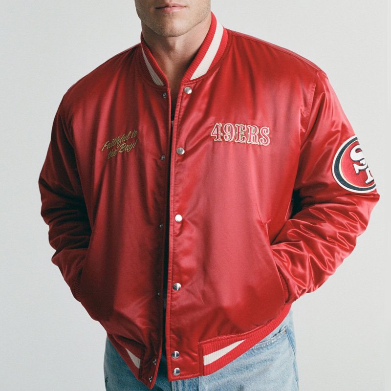 San Francisco 49ers Varsity Bomber Red Satin Jacket - Image 2