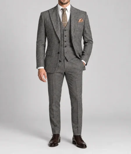 Mens Herringbone Pattern Grey 3 Pieces Suit