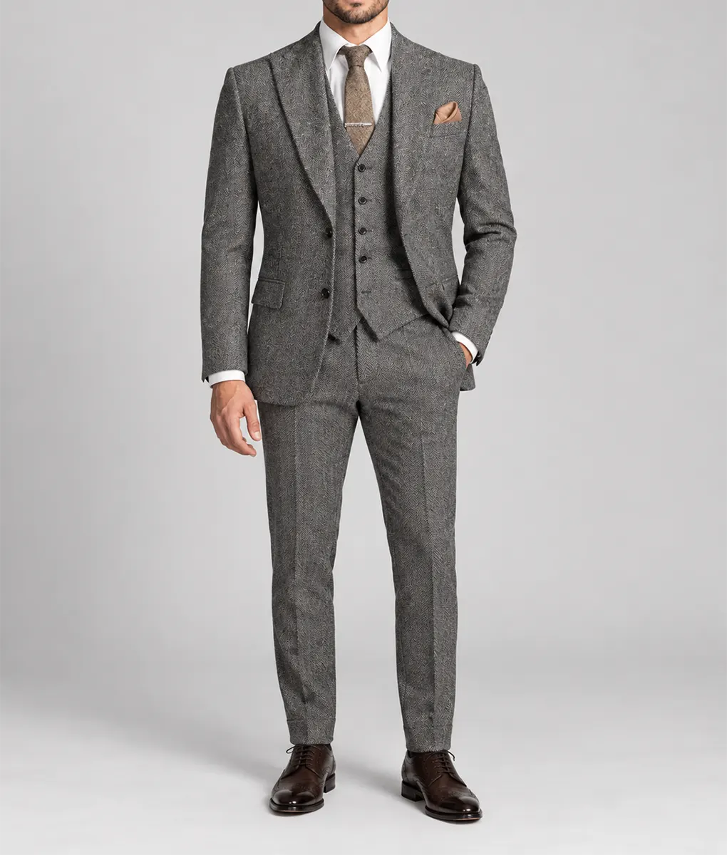 Mens Herringbone Pattern Grey 3 Pieces Suit