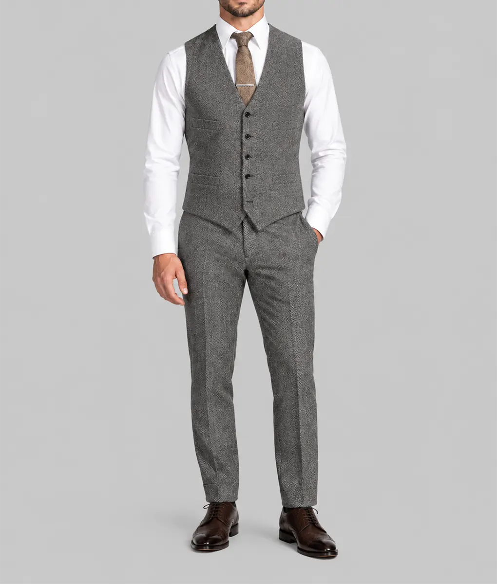 Mens Herringbone Pattern Grey 3 Pieces Suit - Image 4