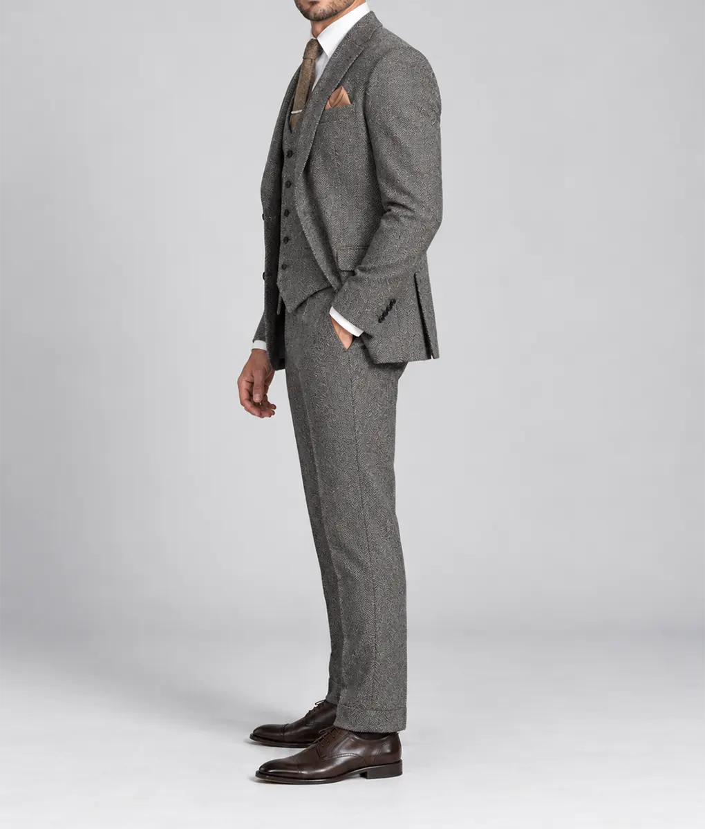 Mens Herringbone Pattern Grey 3 Pieces Suit - Image 2
