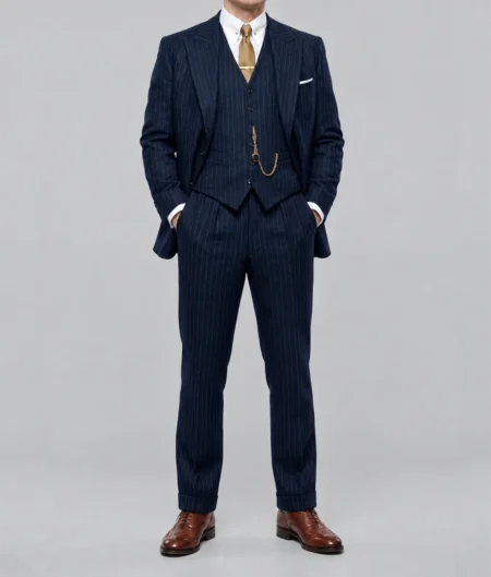 Mens Navy Blue Pinstripe 3 Pieces Suit